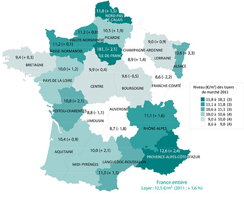 Loyers de marché en e/m<sup>2</sup> (variation 2011 en %)